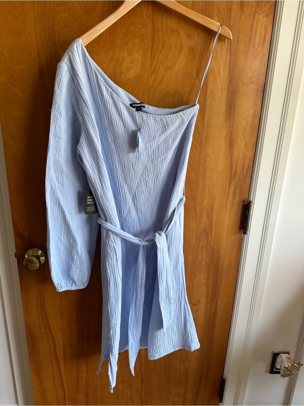 Express Pale Blue One-Shoulder Belted Dress